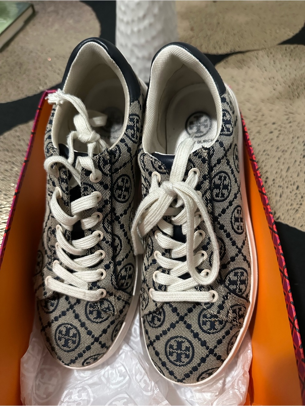 Tory Burch Beige Canvas Logo Sneakers with Navy Accents